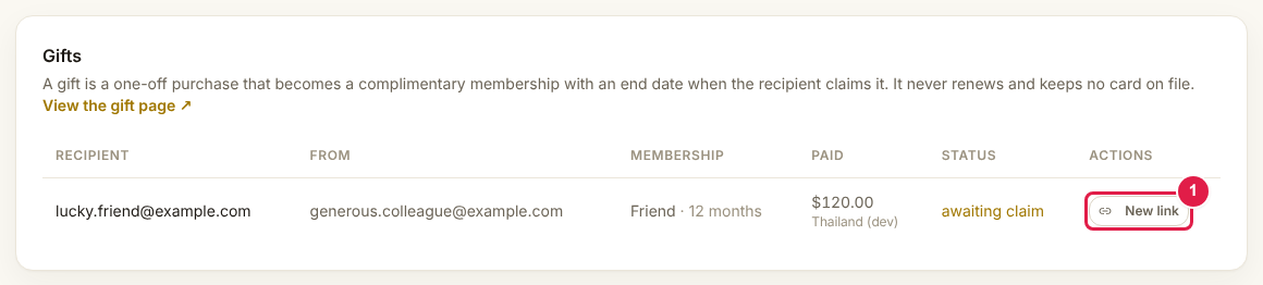 The New link button on a gift row