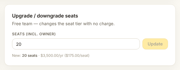 The seat change form showing a price preview