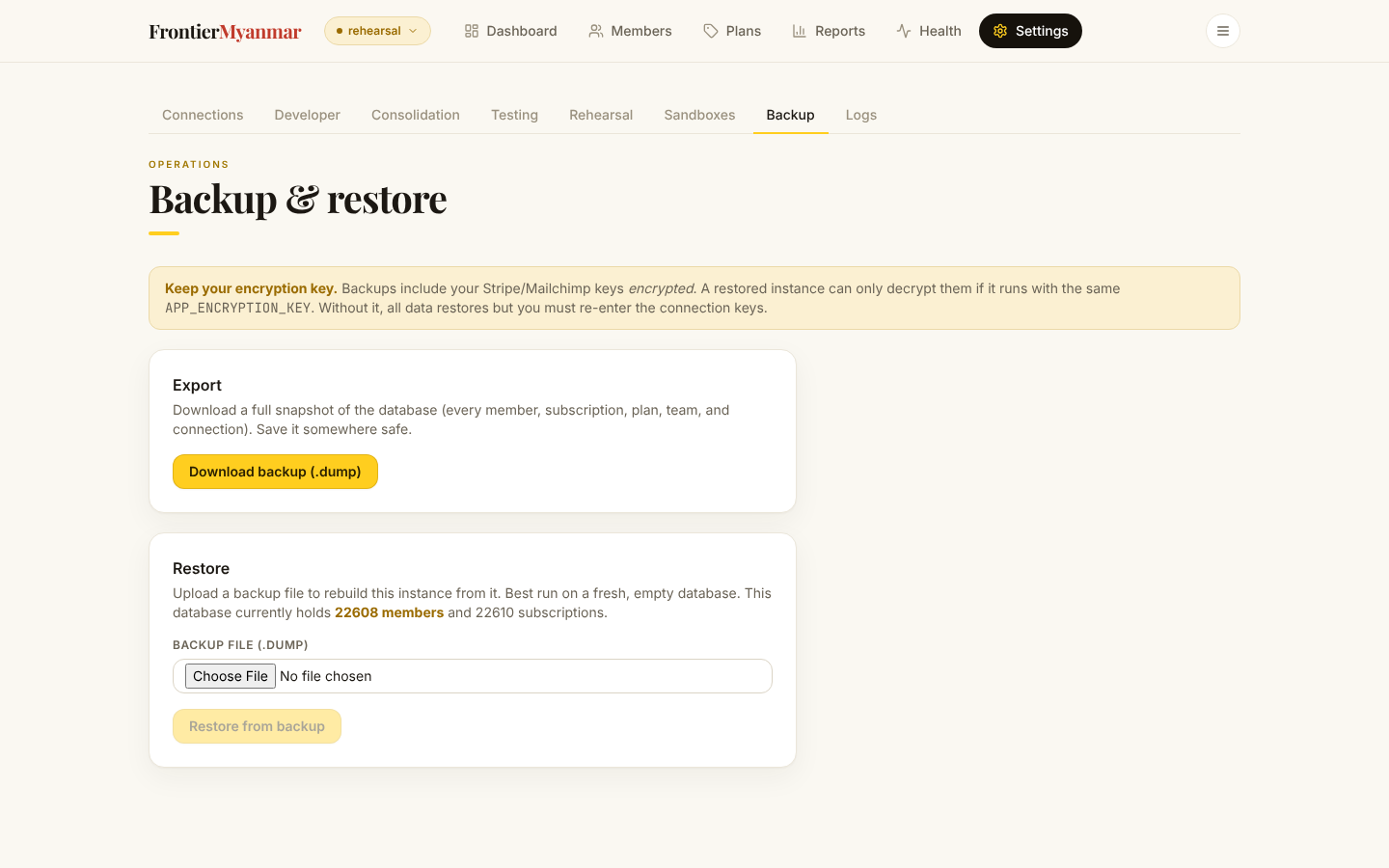 The backup and restore screen