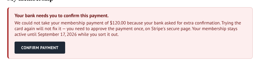 The confirm payment banner up close