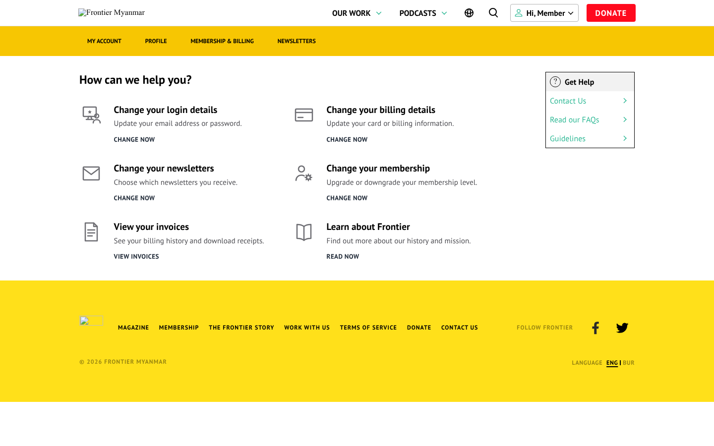 The account hub for a team seat member