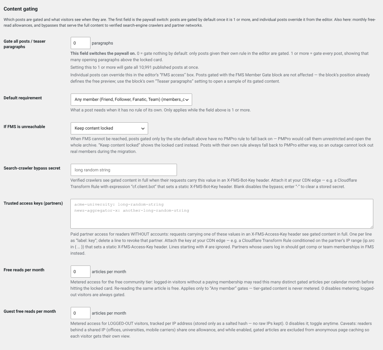 The content gating settings section