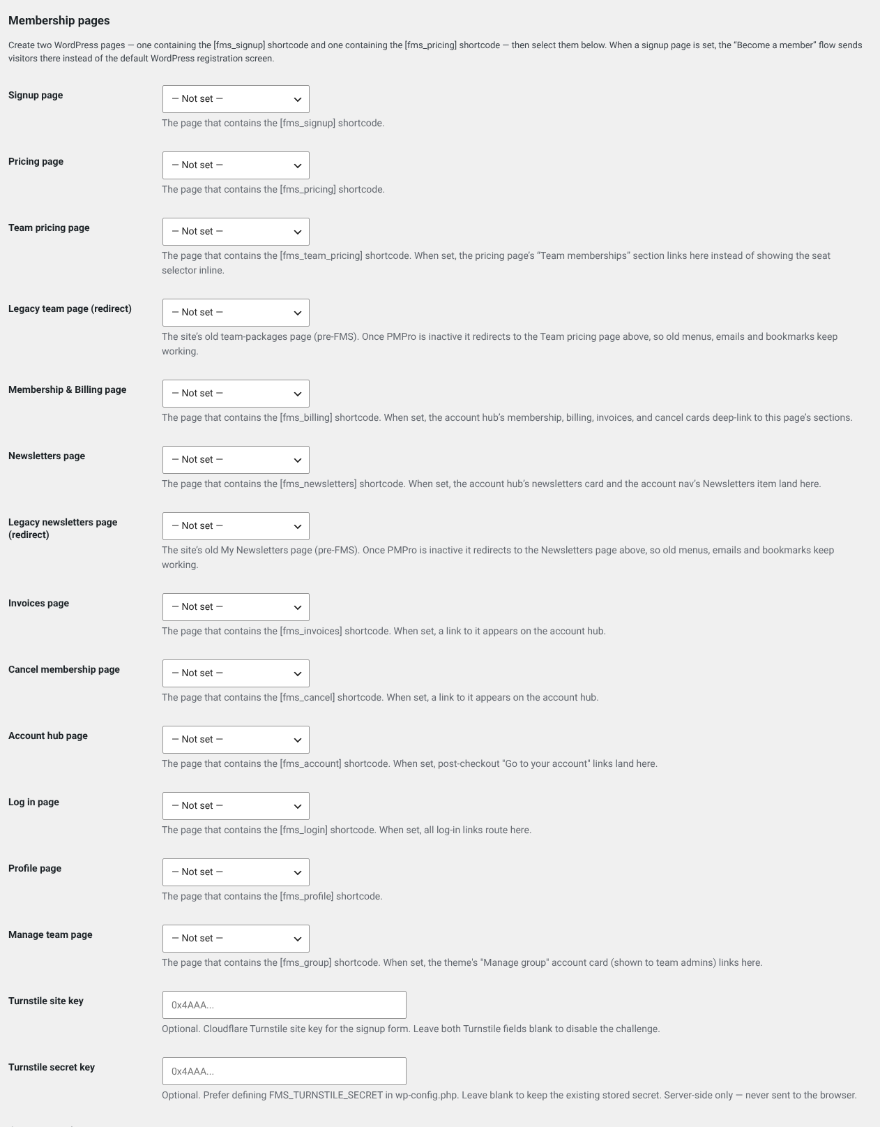 The membership pages settings section