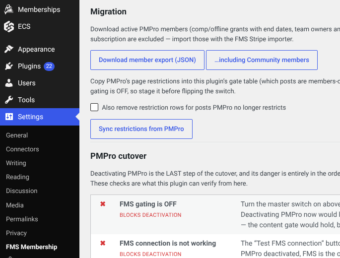 The migration section of the settings page